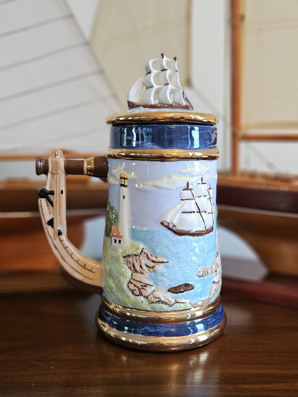 Vintage 1995 Nautical Ceramic Lidded Stein Ship Lighthouse Coastal Decor